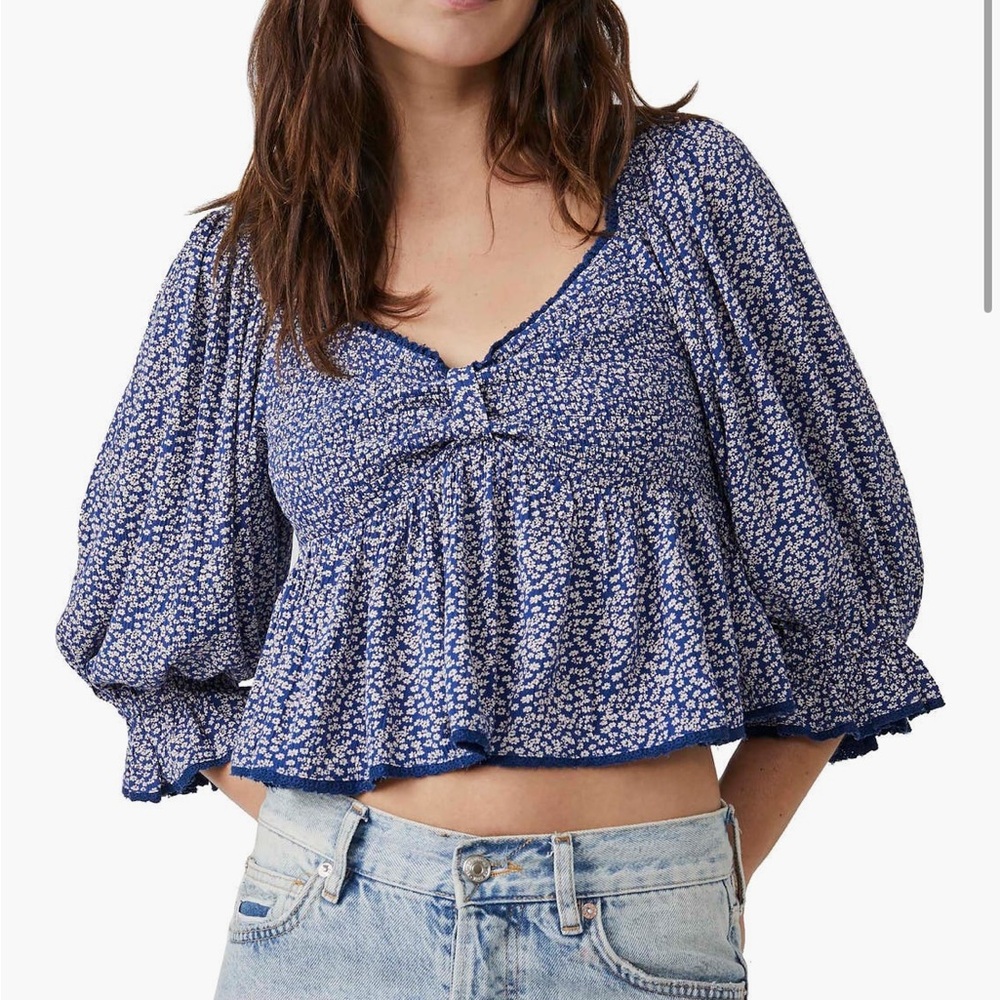 Free People Brittnee Print Smocked Back Peplum Top